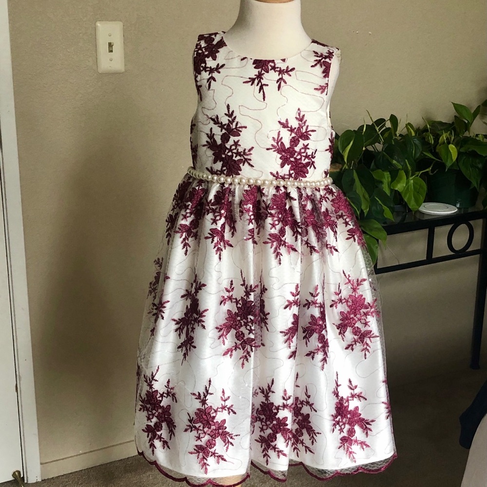 Girl’s ivory with burgundy embroidered dress